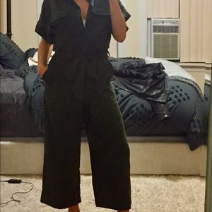 Army Green cropped wide leg jumpsuit with pockets